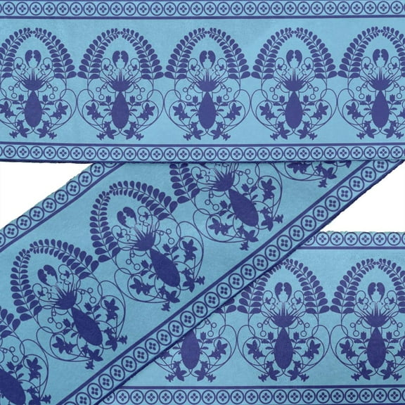 IBA Indianbeautifulart Blue Leaves & Floral Artistic Fabric Laces For Crafts Printed Dupion Trim Fabric Sewing Border Ribbon Trims By 9 Yard 3 Inches