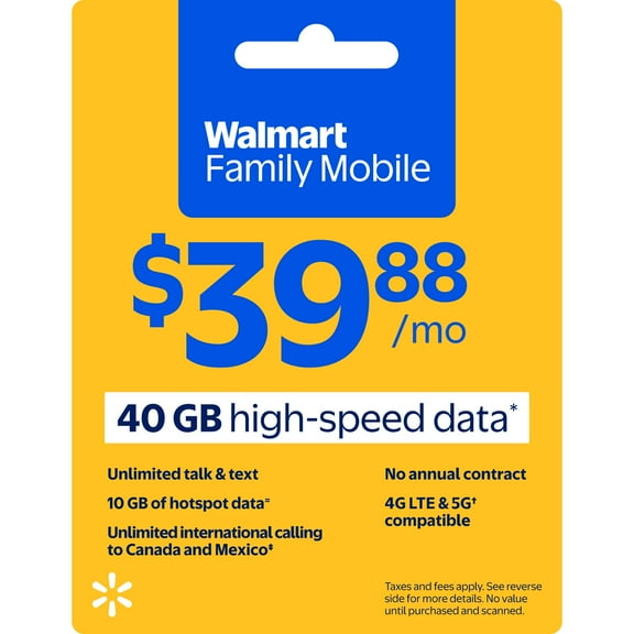 Walmart Family Mobile Unlimited Talk & Text Monthly Prepaid Plan (40GB at High Speed, then 2G) with 10GB Mobile Hotspot Direct Top Up