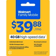 Walmart Family Mobile Unlimited Talk & Text Monthly Prepaid Plan (40GB at High Speed, then 2G) with 10GB Mobile Hotspot Direct Top Up