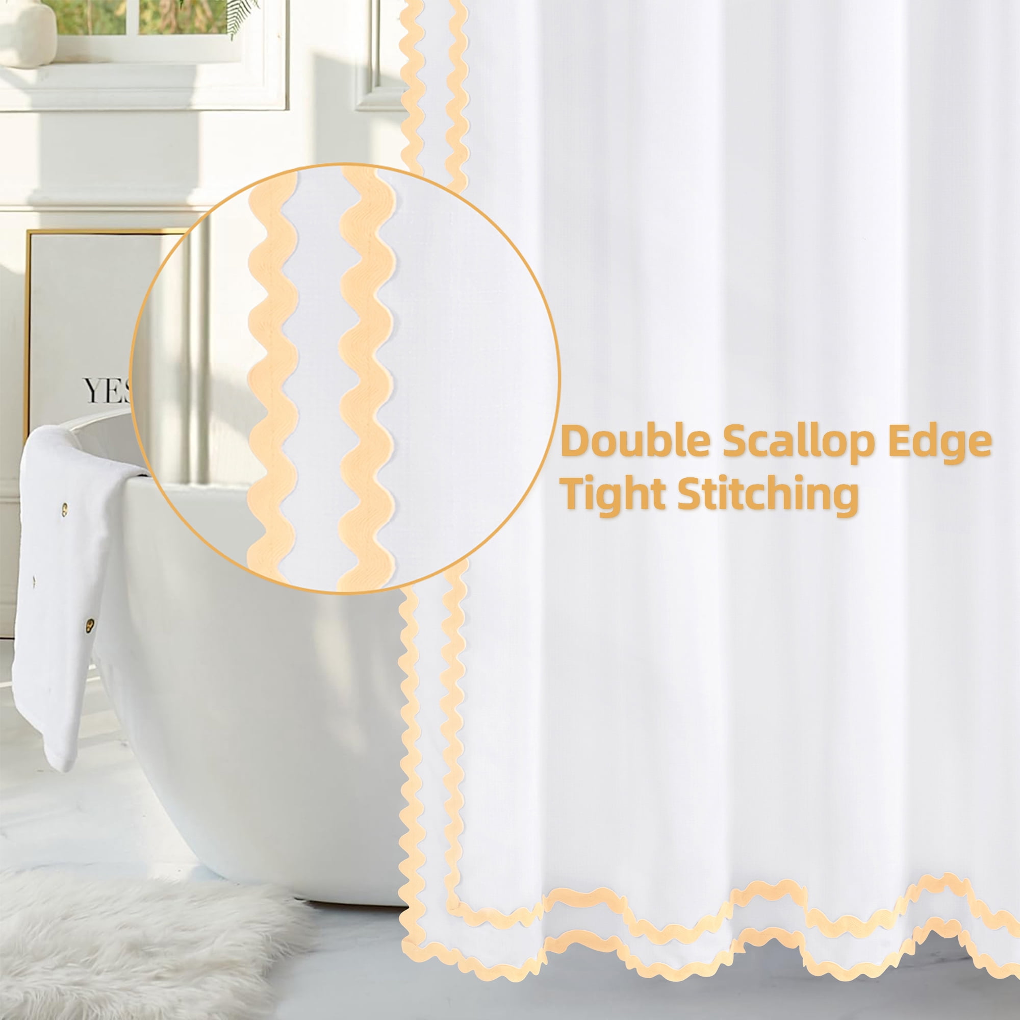 FRAMICS Beige Scalloped Shower Curtain Sets with Rug, 14 Piece Fabric Bathroom Sets with Hooks, Heavy-Duty & Waterproof, 72" x 72"