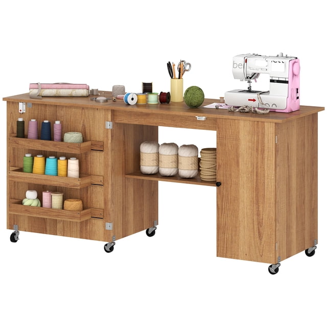 Table Pliante pour Machine à Coudre avec Rangement - Table d'Artisanat à Grain de Bois Brun pour la Maison, le Bureau et les Petits Espaces - Tablette Réglable et Roues