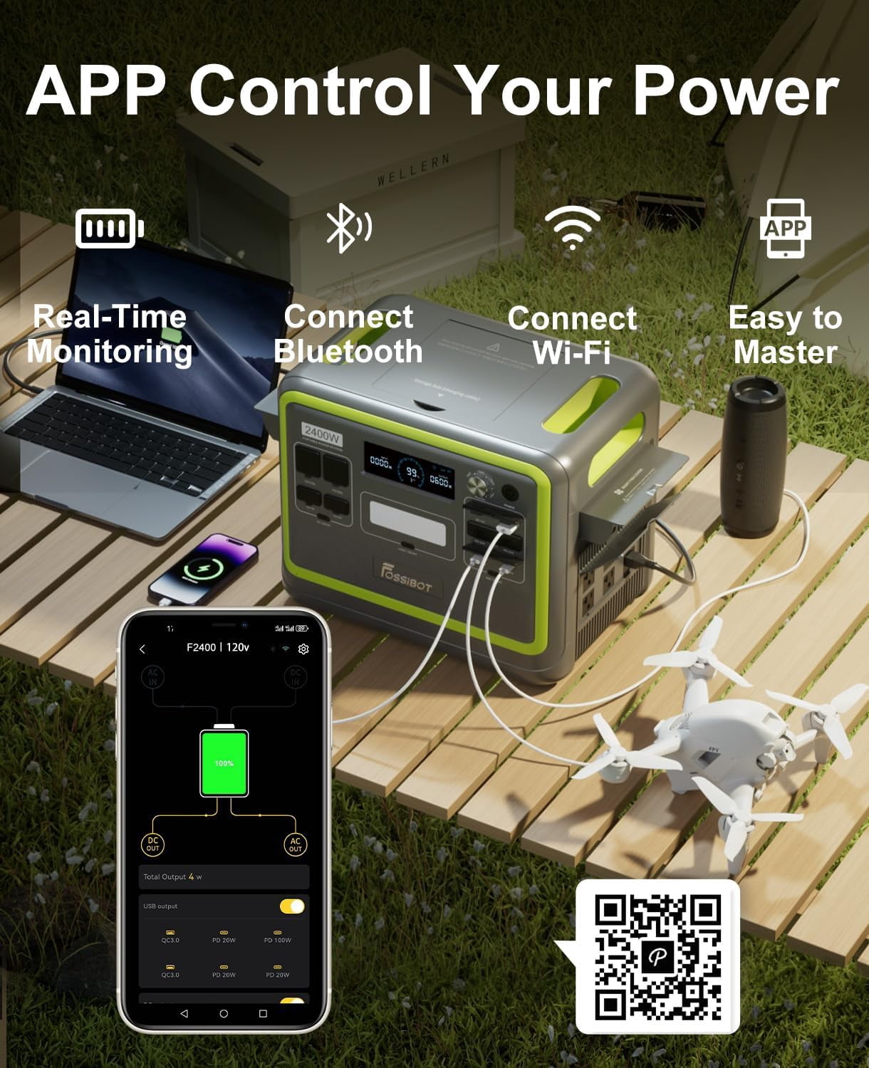 FOSSiBOT F2400 2400W (4800W Peak)Portable Power Station 2048Wh Lfp + 400W Solar Panels,Solar Generator for Outdoor Camping,Home Backup,Emergency,RV
