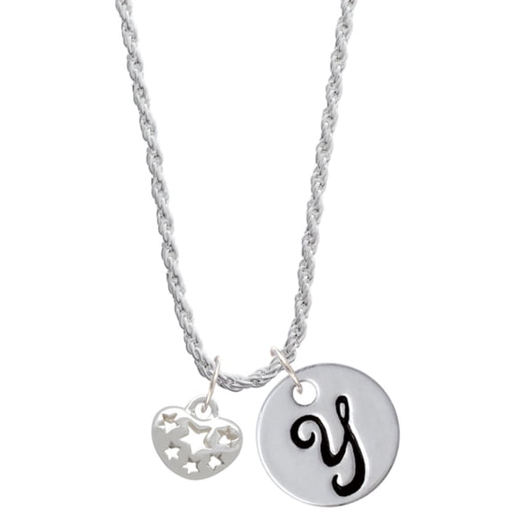 Delight Jewelry Silvertone Small Heart with Cut Out Stars Silvertone Script Initial Disc - Y - Charm Necklace, 20"+3"