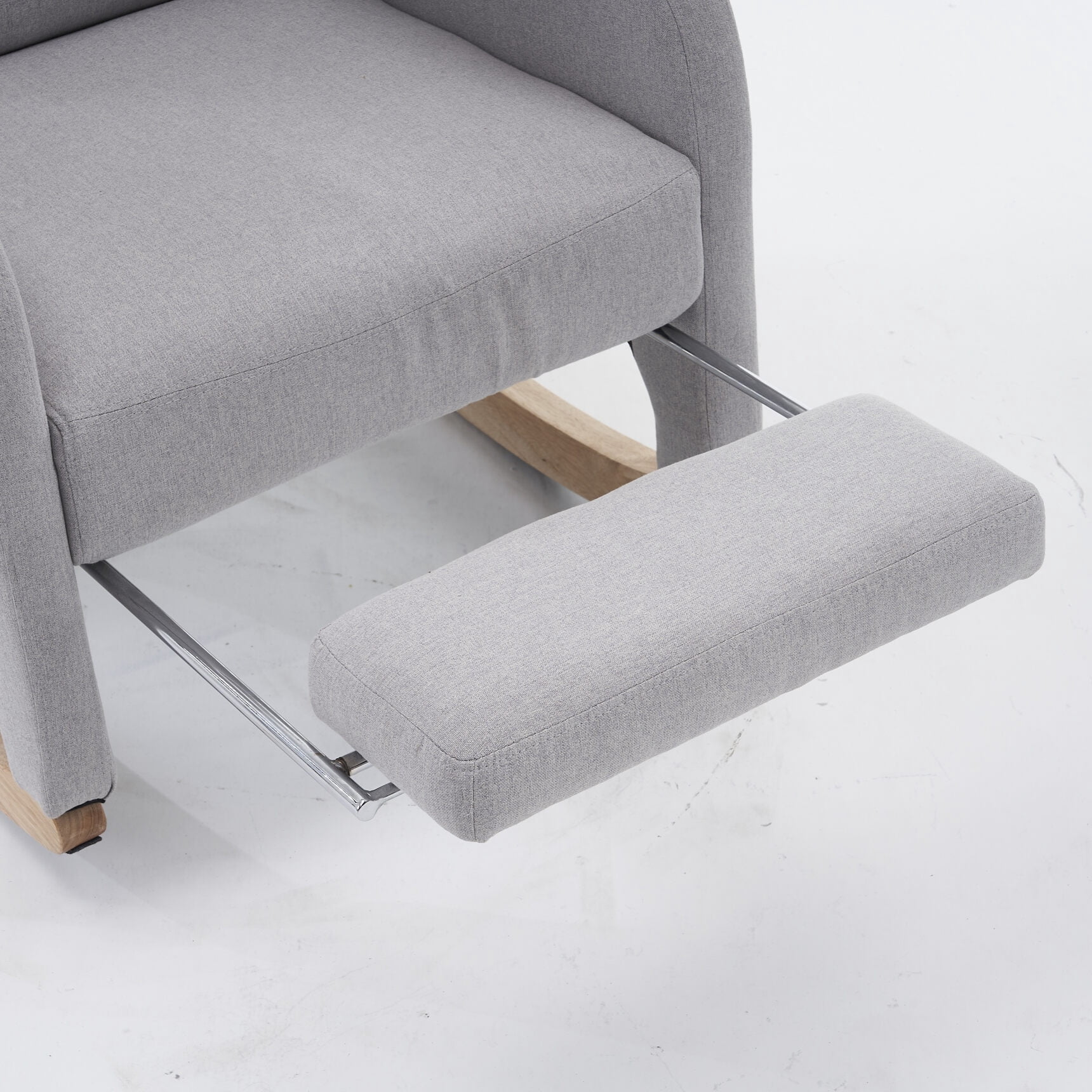 Nursery Rocking Chair with Two Side Pockets & Adjustable Footrest, Cotton Linen Fabric Rocker with High Backrest, Modern Rocking Accent Chair for Living Room, Bedroom, Light Gray