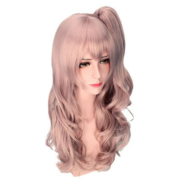 Peluca sintética para cosplay de 60 cm de largo, rosa, con rizos y cola de caballo
