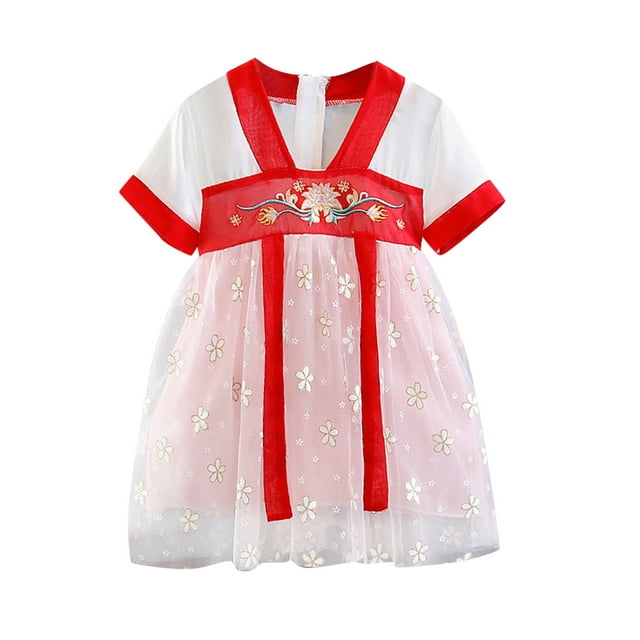 PEASKJP Robes d'Été pour Filles Tout-Petits Manches Courtes Robe Décontractée de Vacances avec Poches, Rose 100