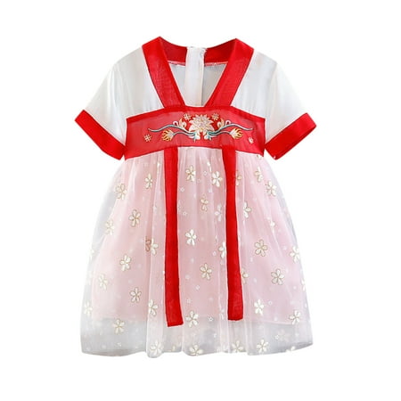 

Kids Toddler Baby Girls Dress Fairy Hanfu Short Sleeve Flower Print Tulle Princess Dress Tang Suit Performance s