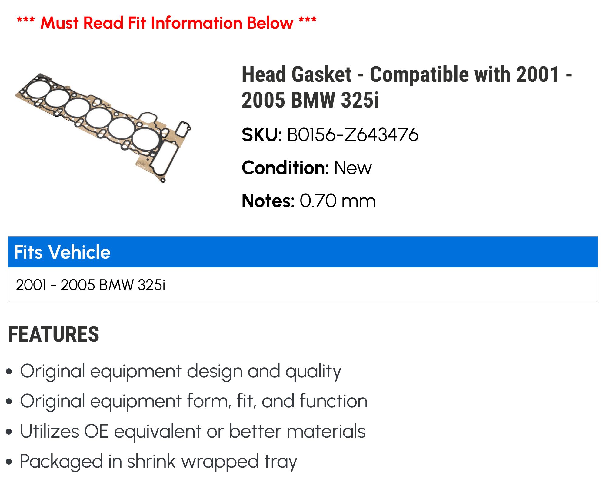 Head Gasket - Compatible with 2001 - 2005 BMW 325i 2002 2003 2004