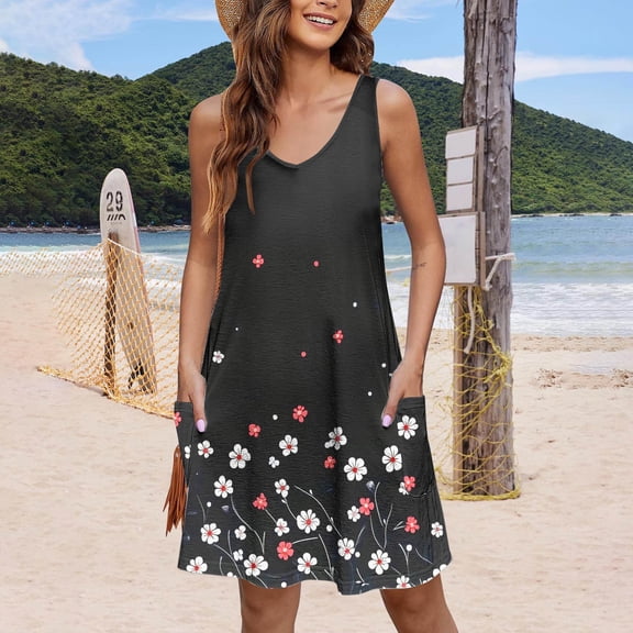Womens Plus Size Summer Dresses Women's Non Positioning Printed Pocket Sleeveless V-neck Jumpsuit Long Skirt A Black L