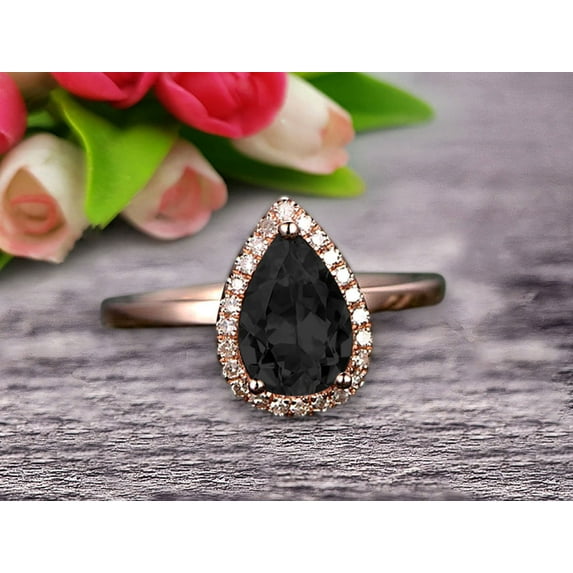 1.25 Carat Halo 8x5mm Pear Shape Black Diamond Moissanite Engagement Ring Handmade Solid 10k Rose Gold Ring Solitaire Stacking Band Anniversary Ring