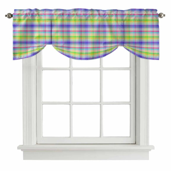 Slate Blue Plaid Tie Up Valance Curtains for Windows, Kitchen Curtains Window Treatments, Colorful Vintage Check Farmhouse Short Window Shades Valances for Bedroom Bathroom Cafe 42"x18"