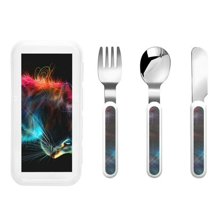 

Rateoe Neon Spectrum Cat Portrait for Stainless Steel Kids Silverware Set - Child and Toddler Safe Flatware - Children s Knife Fork And Spoon Set
