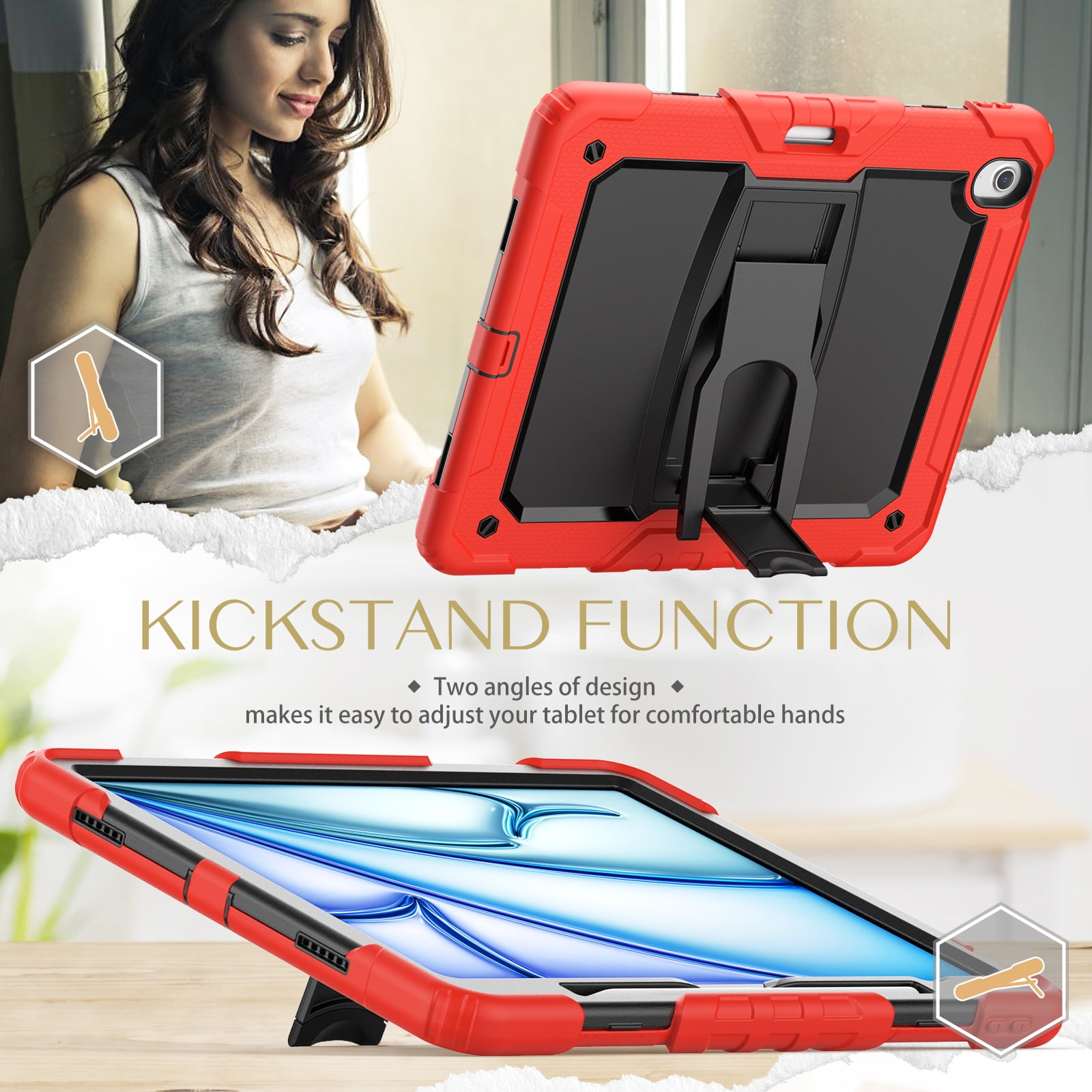 Rugged Case For Apple iPad Air 13 (2024) – 3-Layer Protection Shockproof Stand Cover with Screen Protector, Adjustable Stand, Shoulder Strap, & Pencil Holder -- Red