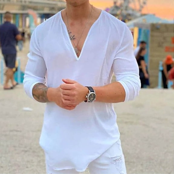 Blmnix Beach Shirts T shirts for Men Pullover Linen Shirts Tops Long Sleeve White Deep V-Neck Mens Shirts Big And Tall,L