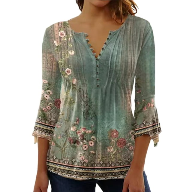 MAWCLOS Ladies Summer Tops Floral Print T Shirt V Neck T-shirt Breathable Holiday Button Tee Dark Green L