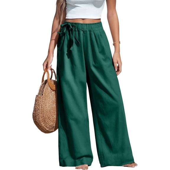 Dresfit Womens Palazzo Pants Wide Leg Linen Boho Pant 2026 Summer Lounge Loose Slacks Stretch Elastic Yoga Trousers with Pockets Army Green XL