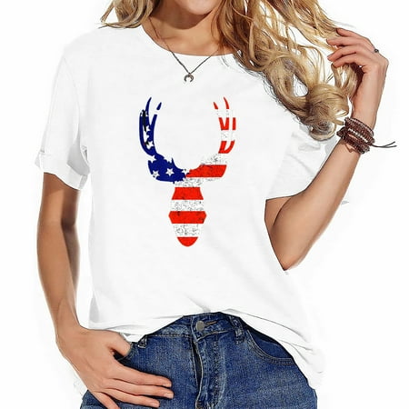 Big Rack Mule Deer Flag For 4Th Of July - Patrioti Fashionable T-Shirt for Women - Short Sleeve Graphic Tee with Personal Style