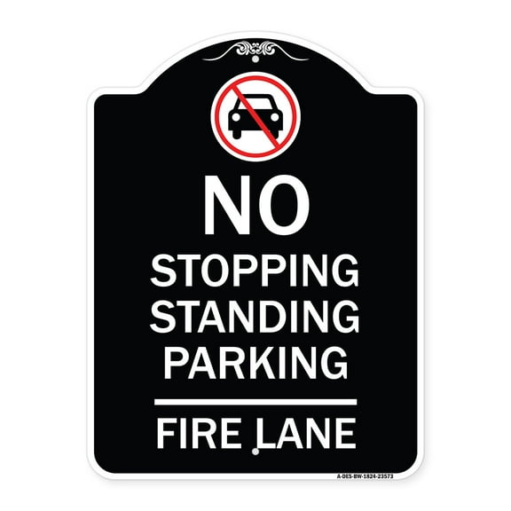 SignMission Designer Series Sign - No Stopping Standing Fire Lane with Graphic | Black & White 18" x 24" Heavy-Gauge Aluminum Architectural Sign | Made in the USA