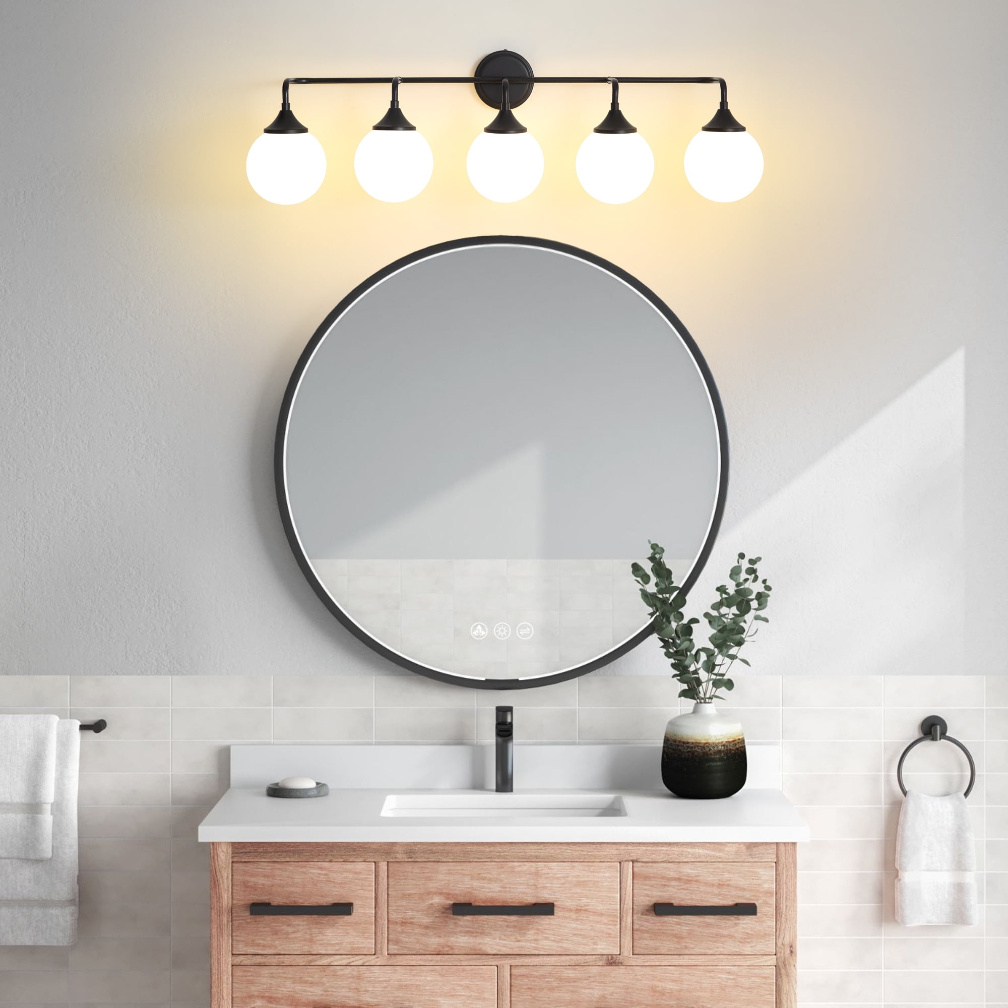Deyidn 5-Light Black Modern Vanity Light, 39 Inch Dimmable Bathroom Light Fixture with Opal Glass Globes for Mirror