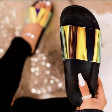 

LIANGP Ladies Slippers Women Casual Shoes Fashion Shiny Flat Bottom Fish Mouth Non-Slip Slippers Women s Shoes Black Size 6.5