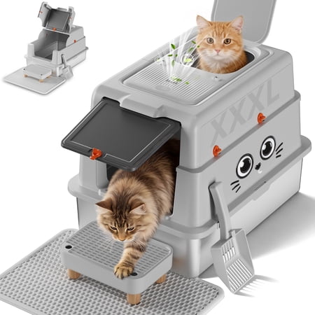 CloudRest Pro XXL Extra Large Fully Enclosed Stainless Steel Cat Litter Box with Lid Odor-Control Kitty Litter Tray with Scratcher for Large Cats & Multi-Cat Homes（with No.1 Cartoon Sticker）