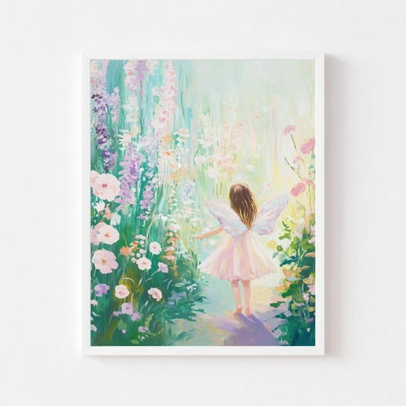 Kna Prints - Fairy In A Garden Painting Magical Pastel Wall Art Print Colorful Pink Girl'S Room Girly Whimsical Nursery,-8x12 Poster Only