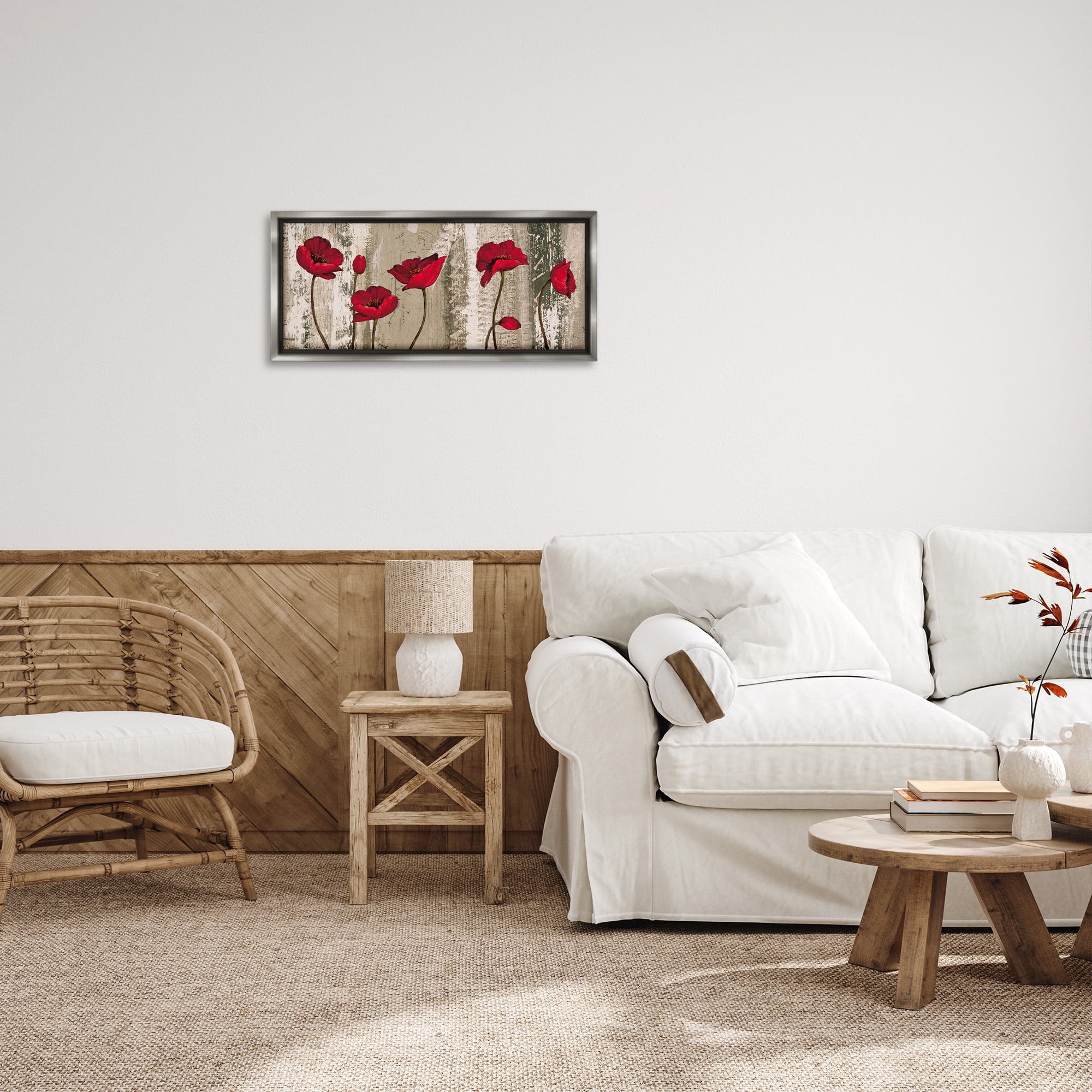 Stupell Industries Red Poppies Rustic Pattern Botanical & Floral Painting Gray Floater Framed Canvas Art Print Wall Art, 25 x 11