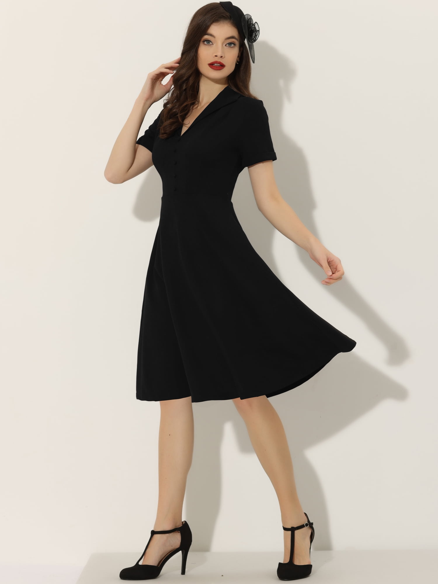 DARING DIVA 1950s Retro Vintage Short Sleeve V Neck A-Line Swing Dresses XL Black