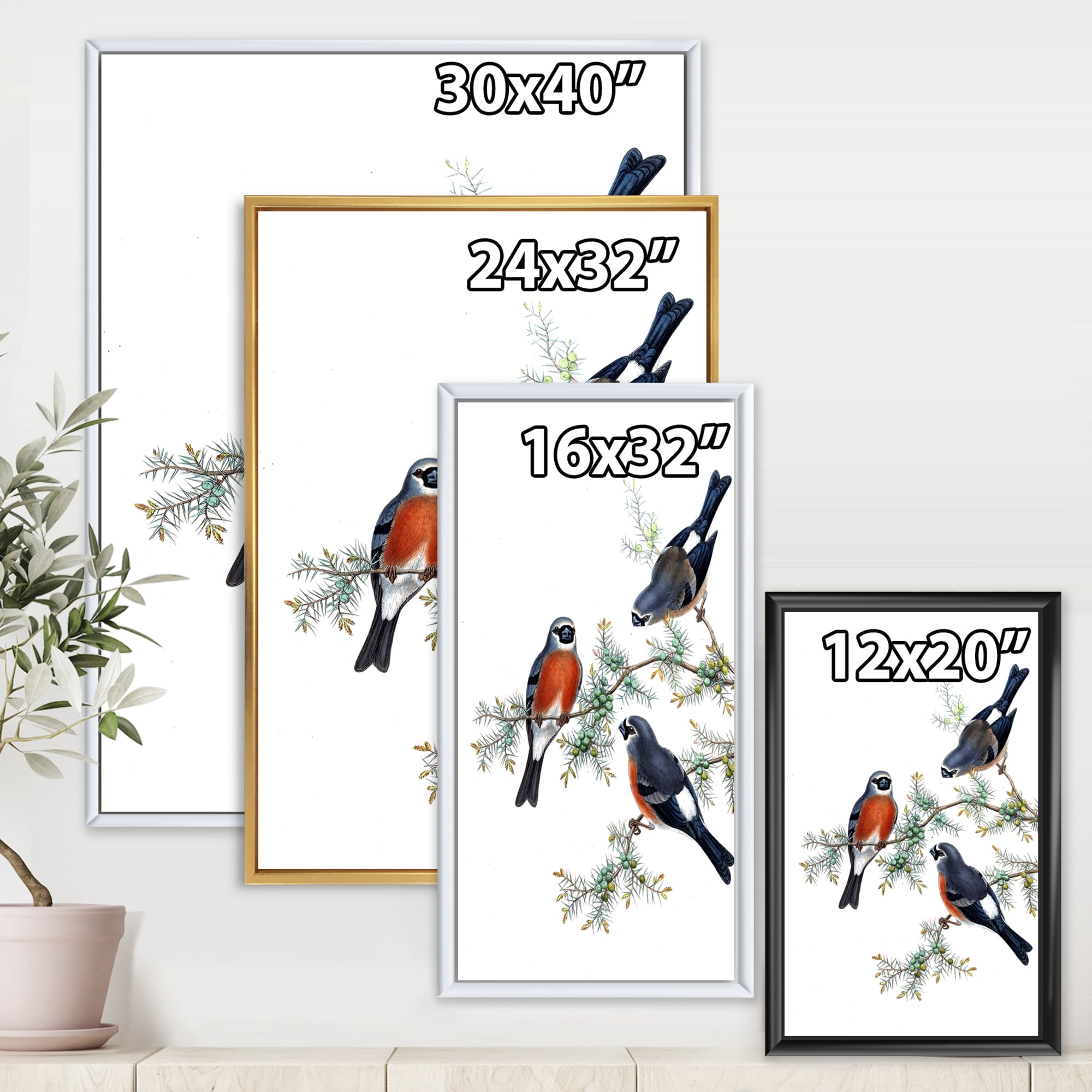 Designart 'Vintage Countryside Birds On Branch III' Farmhouse Framed Canvas Wall Art Print