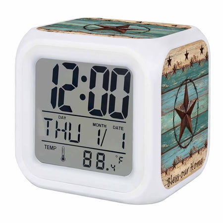 Texas Star Country Digital Alarm Clock for Bedrooms, Smart LED Alarm Clock with 7 Color Changing Night Light, Western Old Wooden Board Vintage Silent Wake Up Clocks for Sleep Study Cooking 3.2x3.2