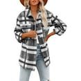 thumbnail image 3 of Women'S Flannel Plaid Shacket Fall Outfits Long Sleeve Button Down Shirts Jacket Coats with Side Pockets Black S, 3 of 7
