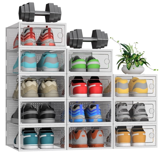 HOGESA Cajas de Zapatos Plástico, Paquete de 12 Cajas de Almacenamiento de Zapatos, 33.5x23x14cm, Hasta Talla 44, Zapatero Plástico Plegable y Apilable, Impermeable, Ventilaci&am