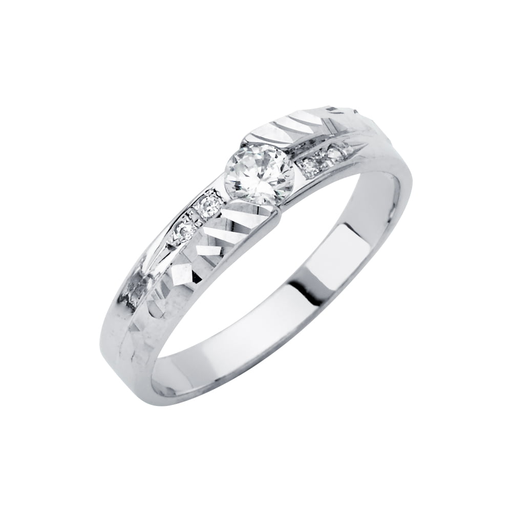 Wellingsale Mens Solid 14k White Gold Polished CZ Cubic-Zirconia Wedding Band