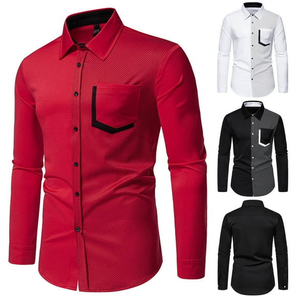 JURANMO Mens Dress Shirts Slim Fit Cotton Long Sleeve Shirts Lapel Button Down Business Shirts Fashion Color Block Wedding Guest Shirts Deals of the Day White XXL