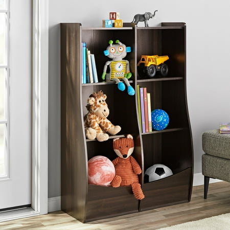 toy storage bookcase with tubs