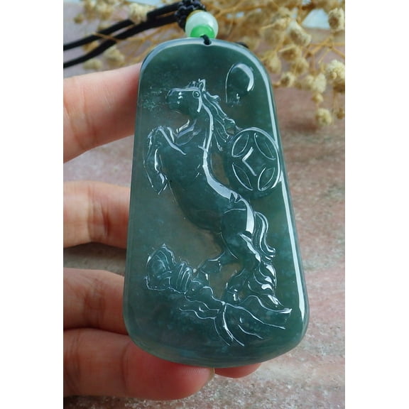 Icy Green Natural A Jade jadeite Pendant Horse Money Coin Necklace 677023 TN