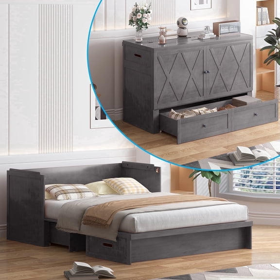 Puremind Queen Size Murphy Bed, Murphy Cube Cabinet Bed with USB Charging Station and Storage Drawer for Guest Room/Home/Office, Without Mattress, Gray