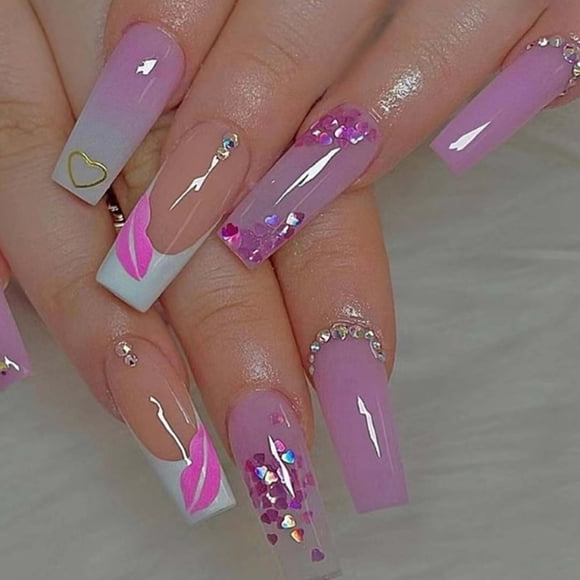 Uñas postizas largas estilo ataúd de Gifiky, uñas francesas con degradado, uñas acrílicas con remolinos para mujeres y niñas, 24 unidades