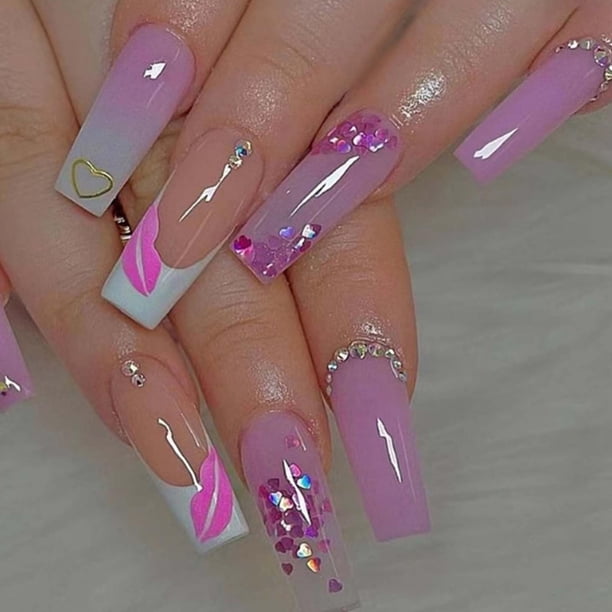 Uñas postizas largas estilo ataúd de Gifiky, uñas francesas con degradado, uñas acrílicas con remolinos para mujeres y niñas, 24 unidades