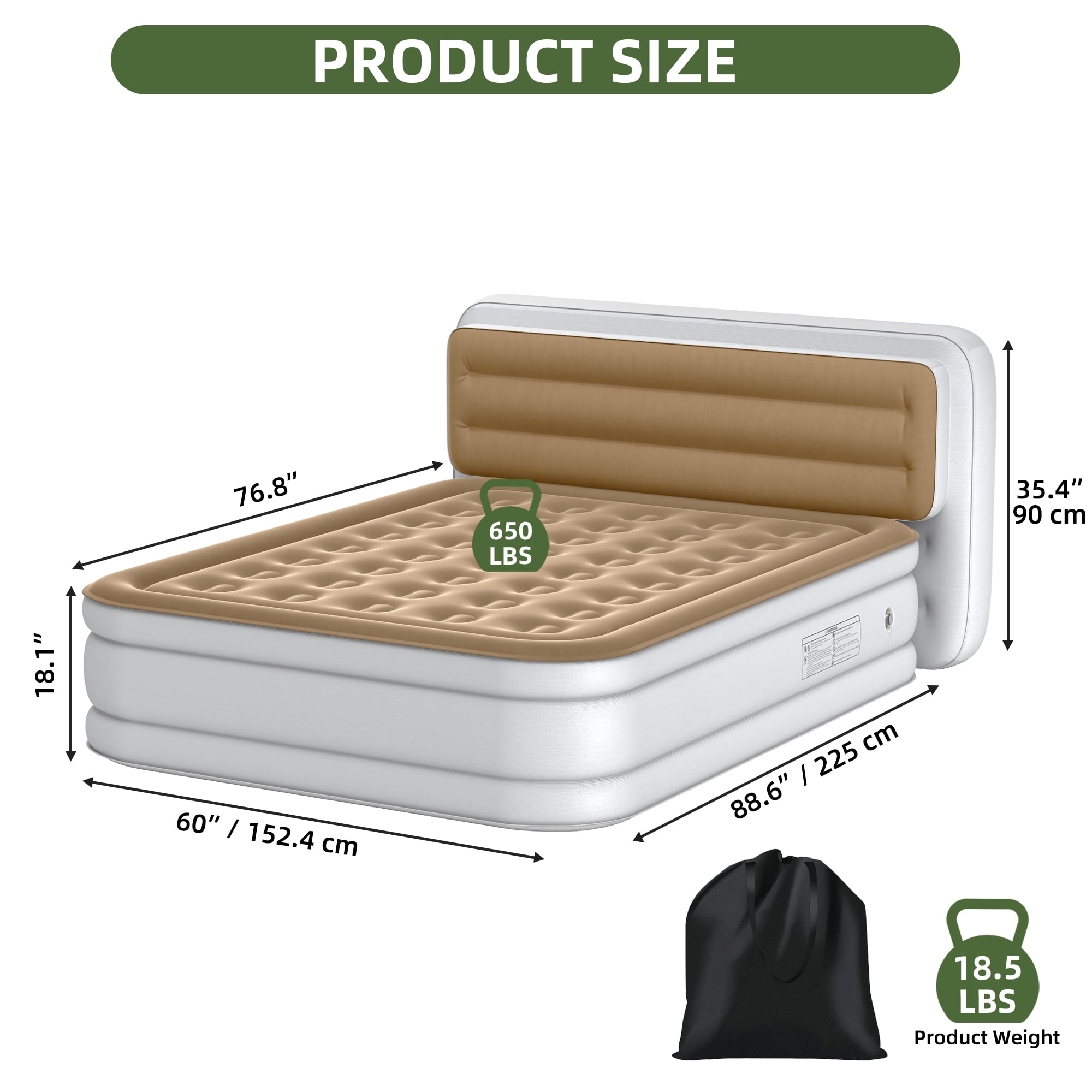Uforic Queen Size Air Mattress with Built-in Headboard and Inflation Pump, 18in Deluxe Flocked Top Air Mattress, Sturdy Blow-Up Bed for Home & Visitors, Brown