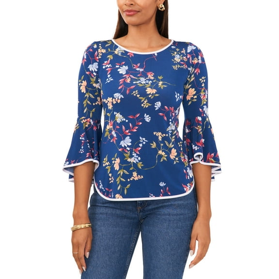 Petite Floral-Print Bell-Sleeve Piped Top Teal/Multi Floral PL