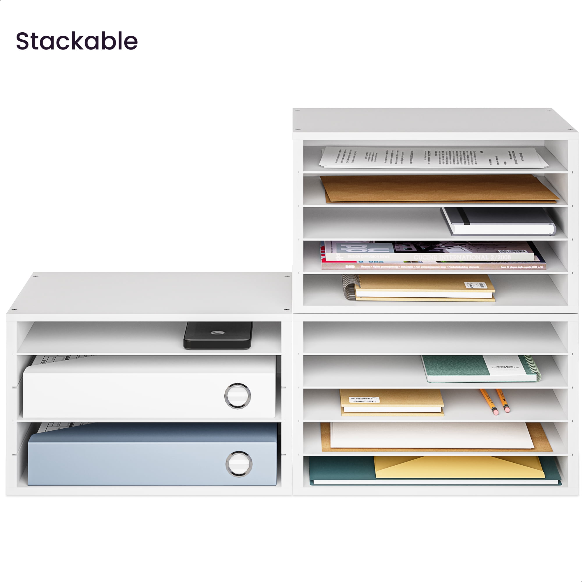 Ballucci 5 Tier Paper Organizer Letter Tray, Wood Desk File Organizer with Adjustable Shelves, Home Office School Letter/A4 Mail Sorter Magazine Holder - White