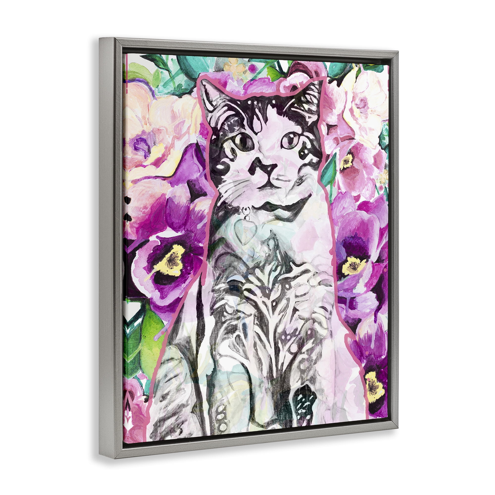 Stupell Industries Kitty Among Flowers Animals & Insects Painting Gray Floater Framed Canvas Art Print Wall Art, 17 x 21
