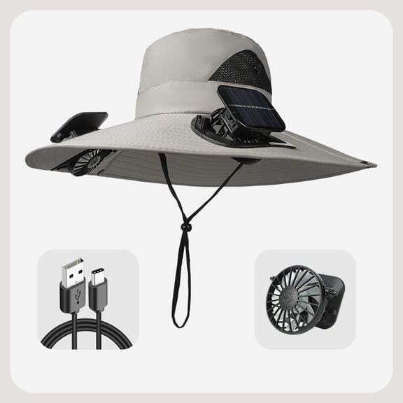 Solar Charger Hats,Fan Hat,Summer Fisherman Hat Solar USB Charging,Solar Fan Hat, Wide Brim Solar Fan Outdoor Fishing Hat Sun Hat for Men with 2 Solar Fan Fishing Hats(Gray)
