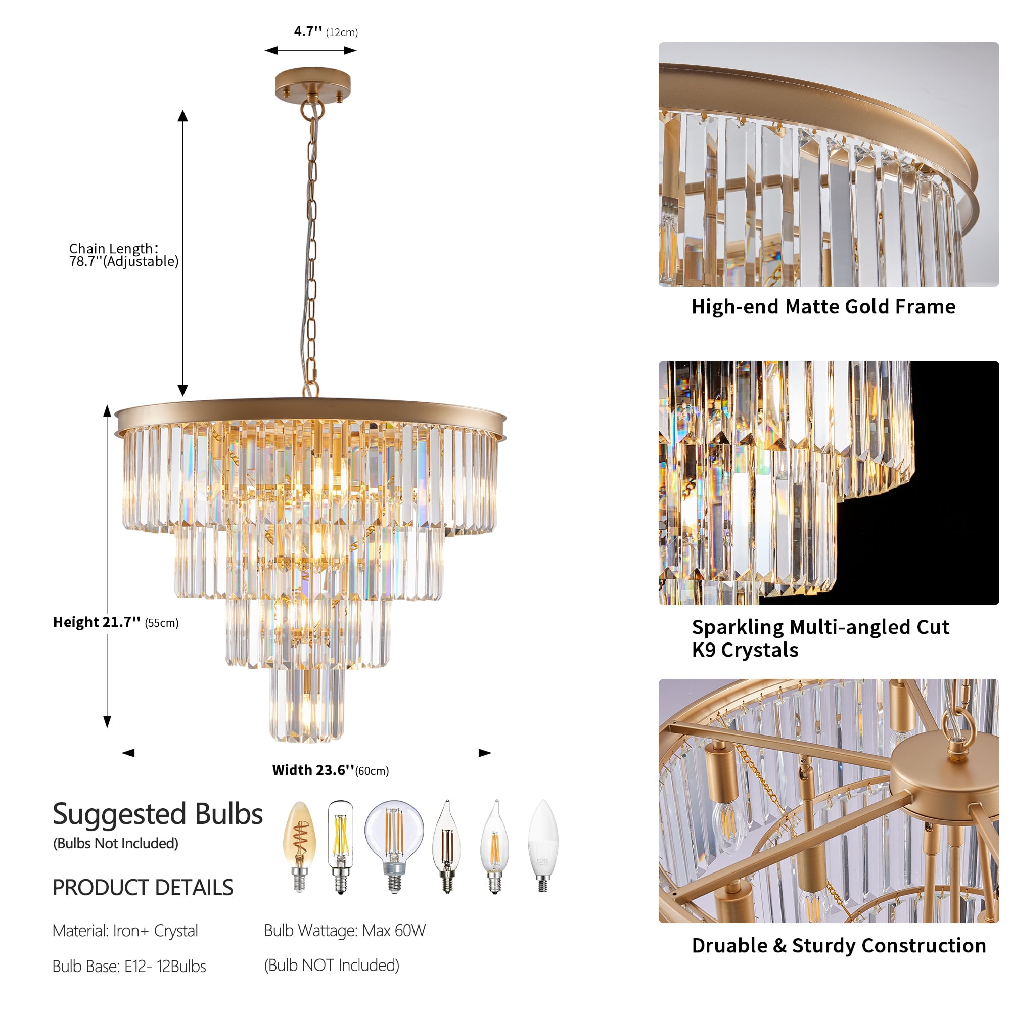 Jopath 24" 4-Tier Crystal Chandelier, 12-Light Golden Frame Pendant Light, Elegant Ceiling Lighting for Living Room, Dining Room, Bedroom (No Bulbs)