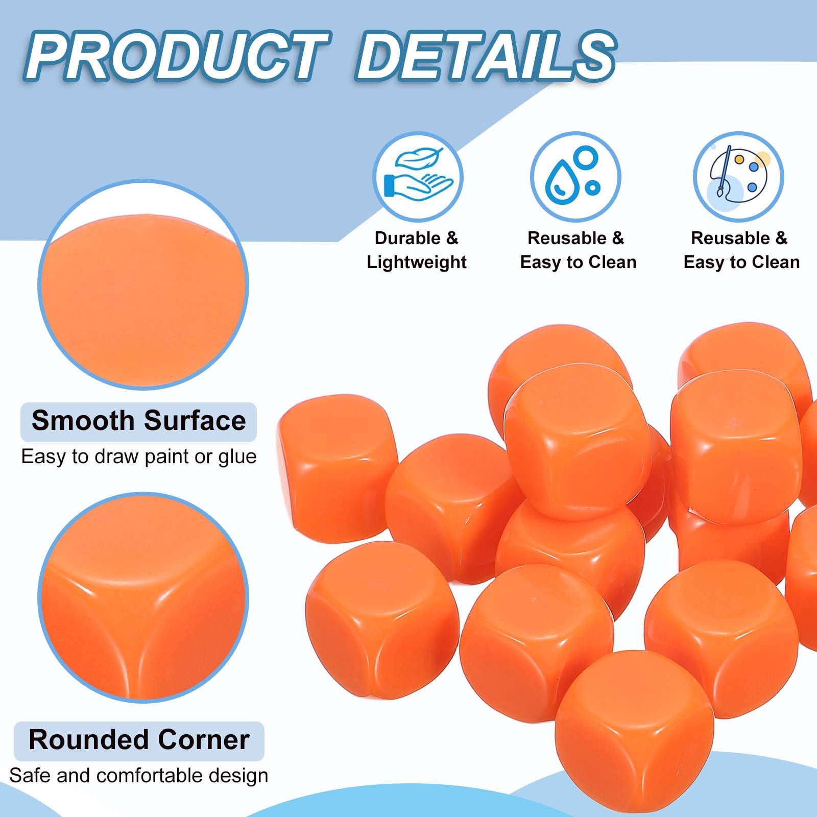16 mm Acrylic Dice Blank, 100 Pcs Rounded Corner Blank Dice with Smoothed Surface Six Sided for Board, Orange