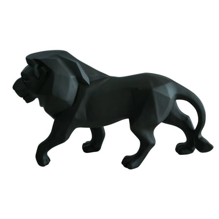 Black Resin Geometric Lion Sculpture in Modern Walking Pose   17" x 5" x 9"H