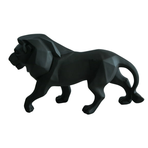 Black Resin Geometric Lion Sculpture in Modern Walking Pose   17" x 5" x 9"H