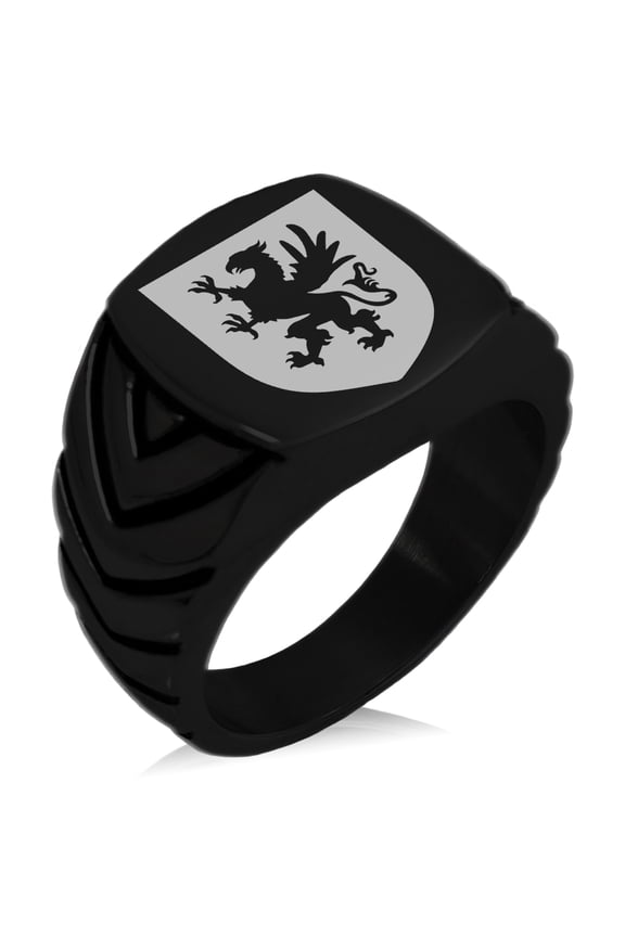Stainless Steel Griffin Valor Coat of Arms Shield Chevron Pattern Biker Style Polished Ring