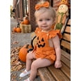 thumbnail image 6 of RUINIXCW Newborn Baby Girl Halloween Outfit Summer Fall Bubble Romper Overalls Devil Grimace Bows Ribbed Flying Sleeve Bodysuit Playsuit Headband 2 Pcs Set, 6 of 9
